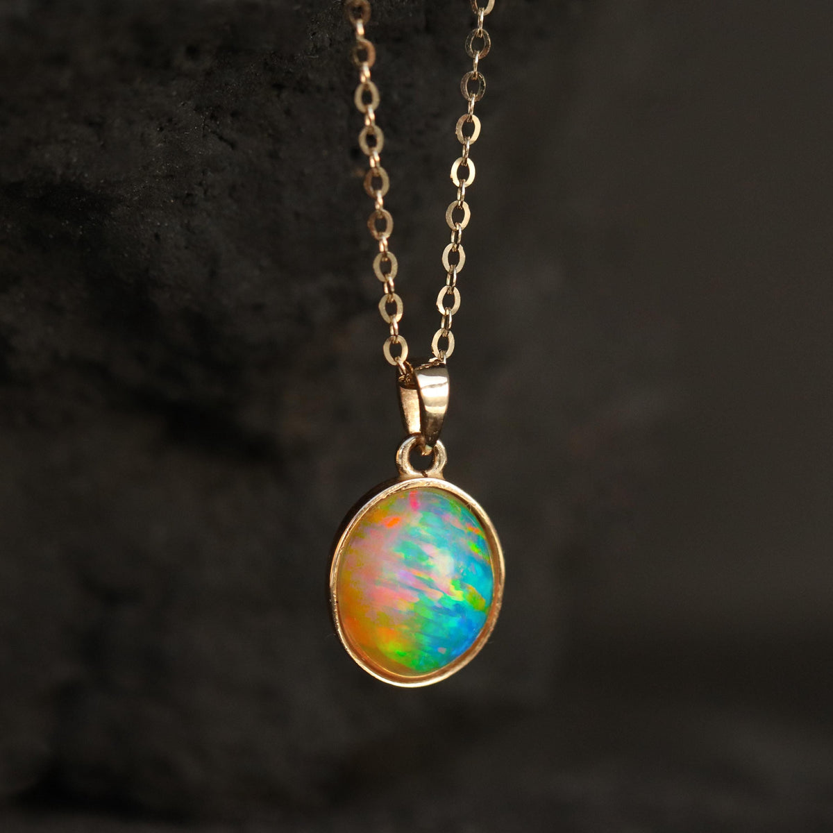 14K Solid Gold Opal Necklace, pendant detail
