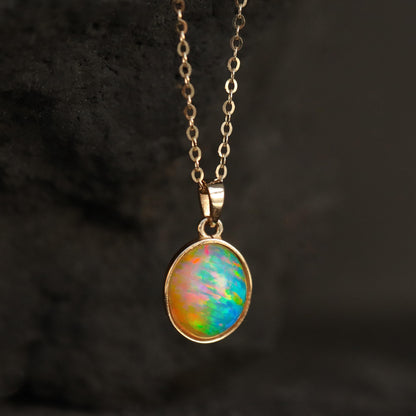 14K Solid Gold Opal Necklace, pendant detail