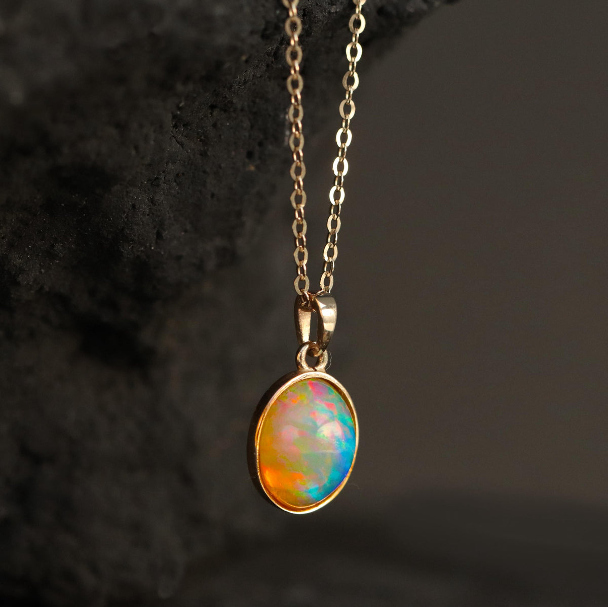 14K Solid Gold Opal Necklace, additional angle
