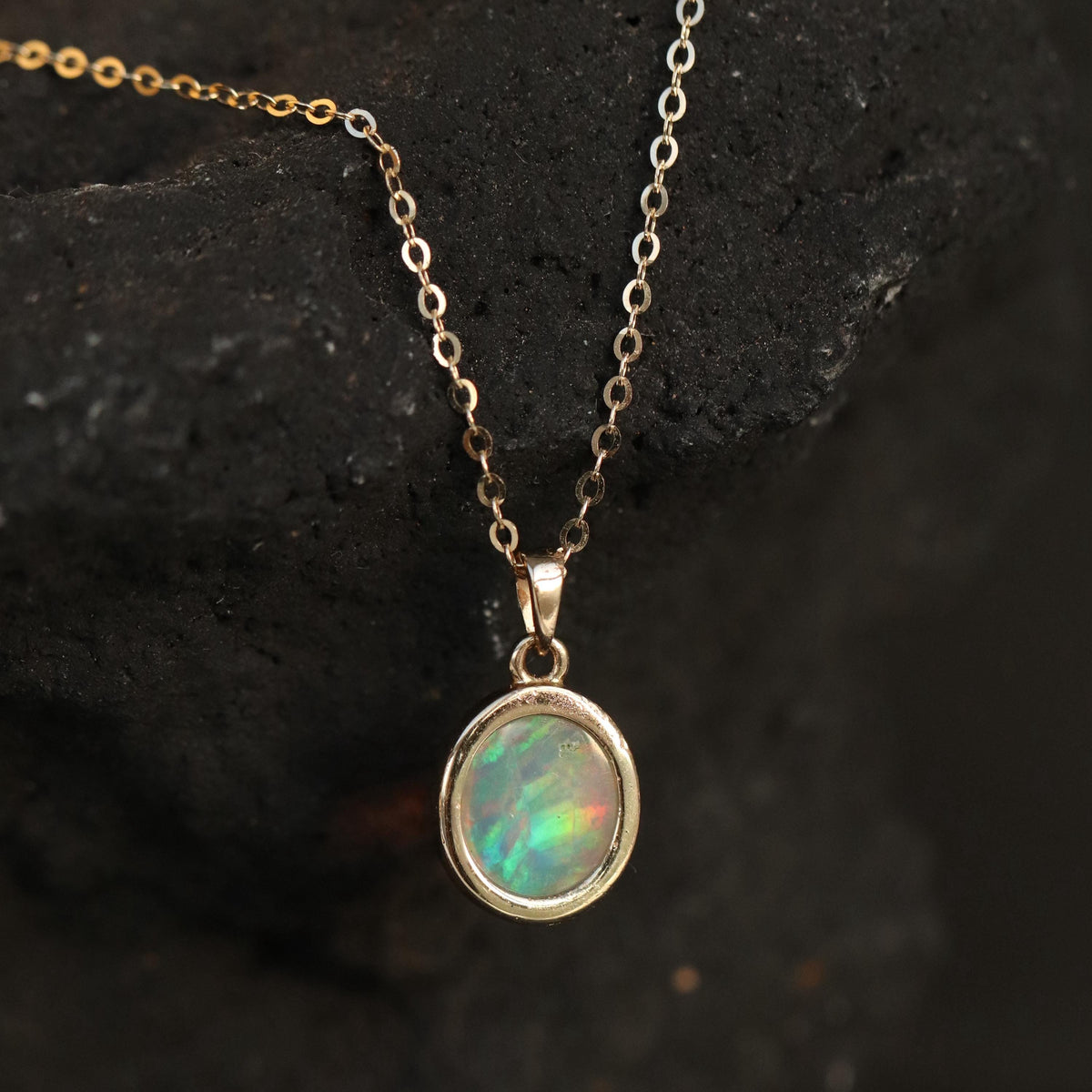 14K Solid Gold Opal Necklace, chain detail