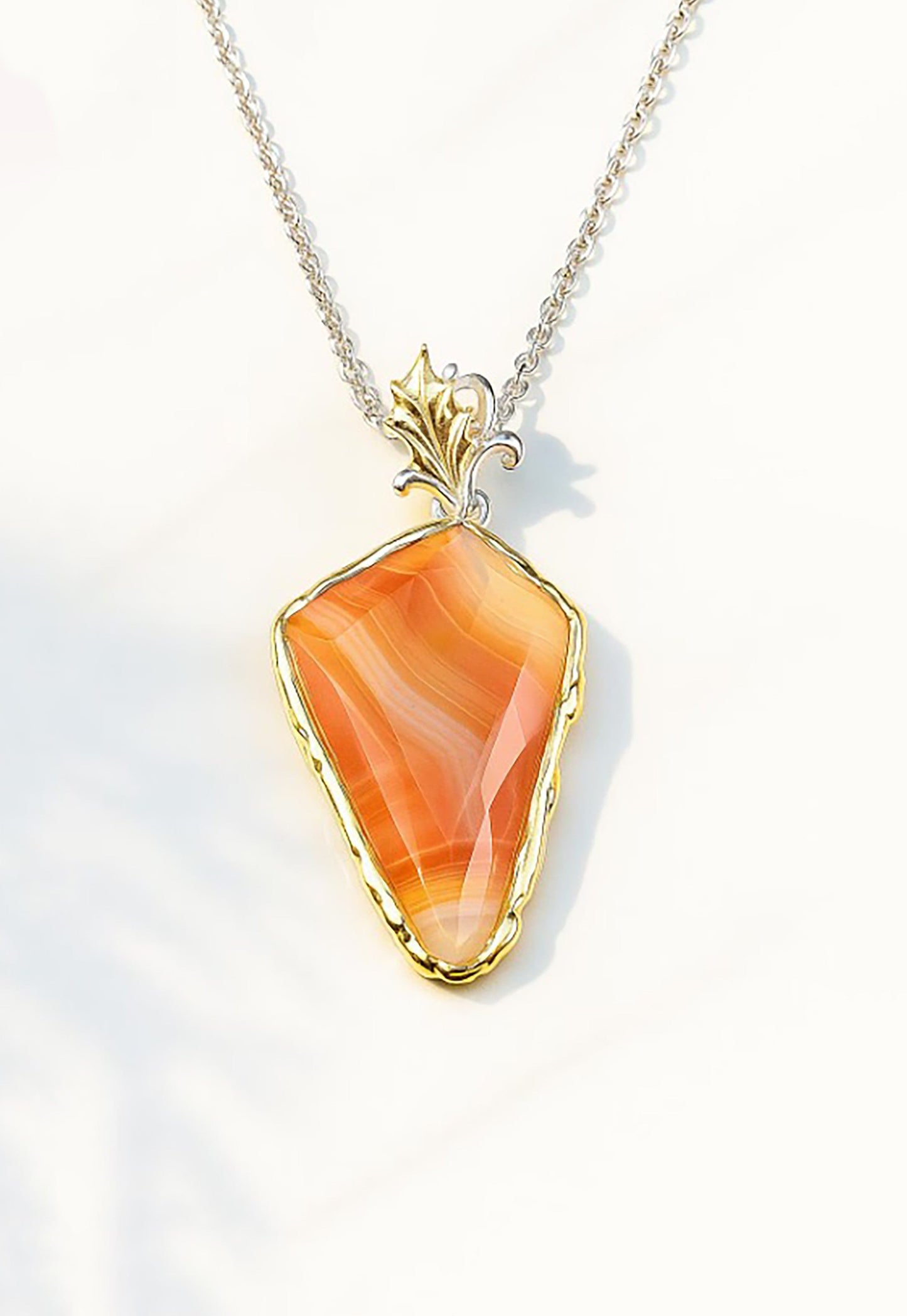 925 Sterling Silver Orange Agate Triangle Necklace
