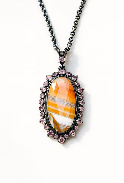 925 Sterling Silver Orange Agate Halo Necklace