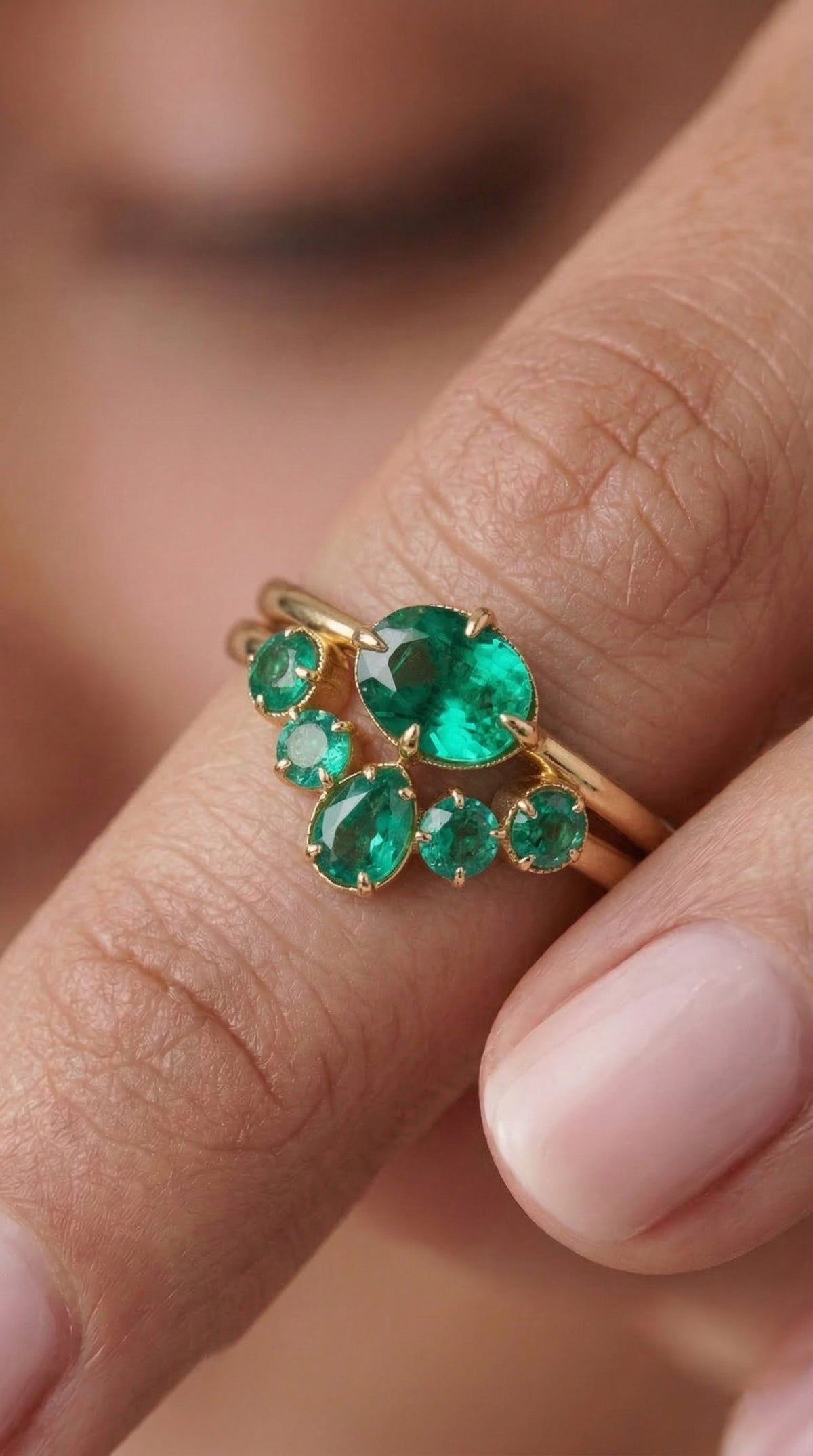 18K Solid Gold Emerald Engagement Ring Set