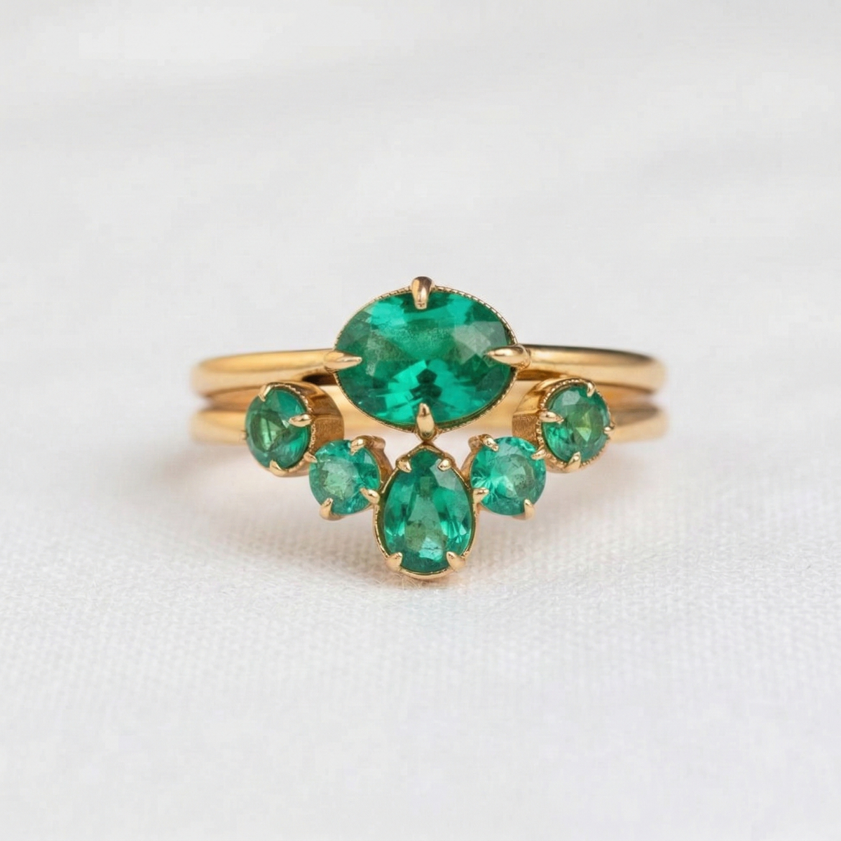 18K Solid Gold Emerald Engagement Ring Set