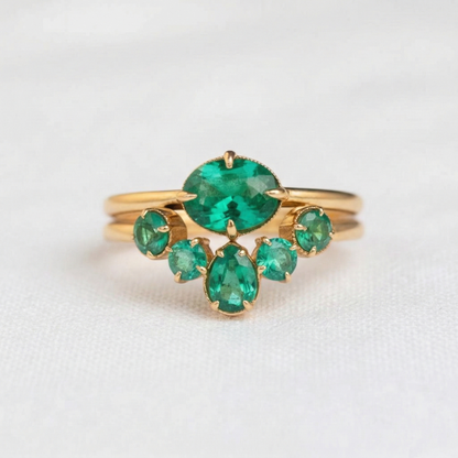 18K Solid Gold Emerald Engagement Ring Set