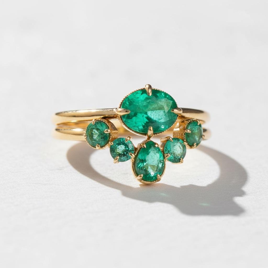 18K Solid Gold Emerald Ring Set, worn look