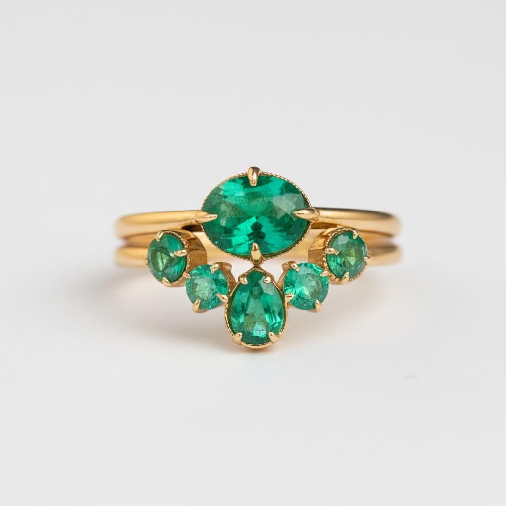 18K Solid Gold Emerald Ring Set, main product image