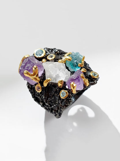 925 Sterling Silver Raw Amethyst Wide Band Ring