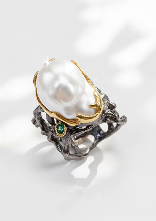 925 Sterling Silver Baroque Pearl Gothic Ring