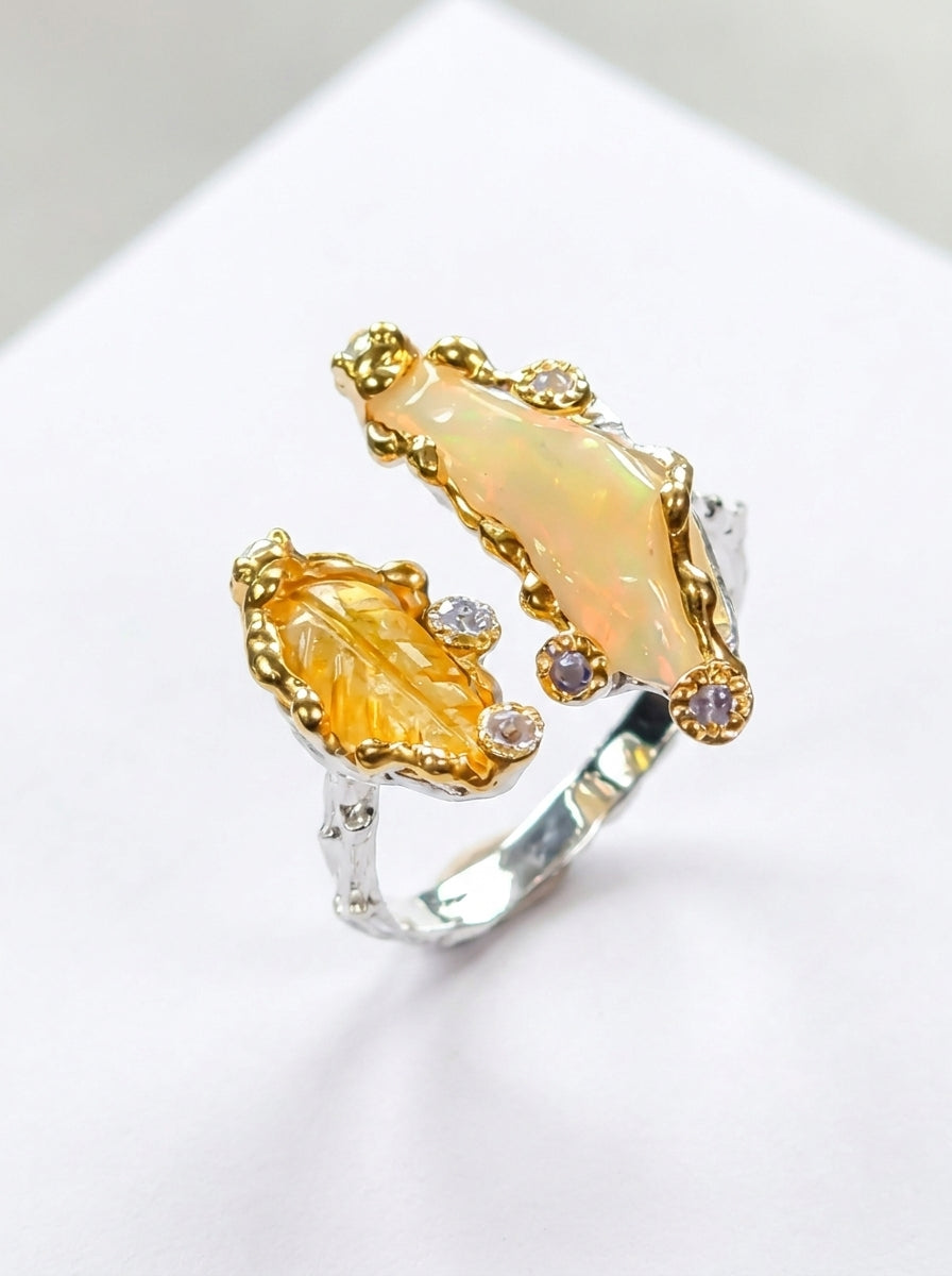 925 Silver Adjustable Raw Opal Ring SIZE 7
