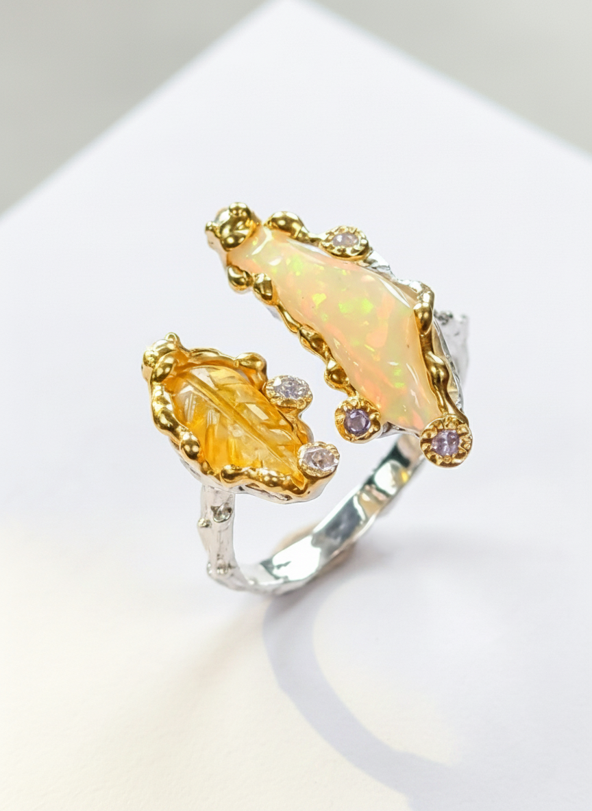 925 Silver Adjustable Raw Opal Ring SIZE 7