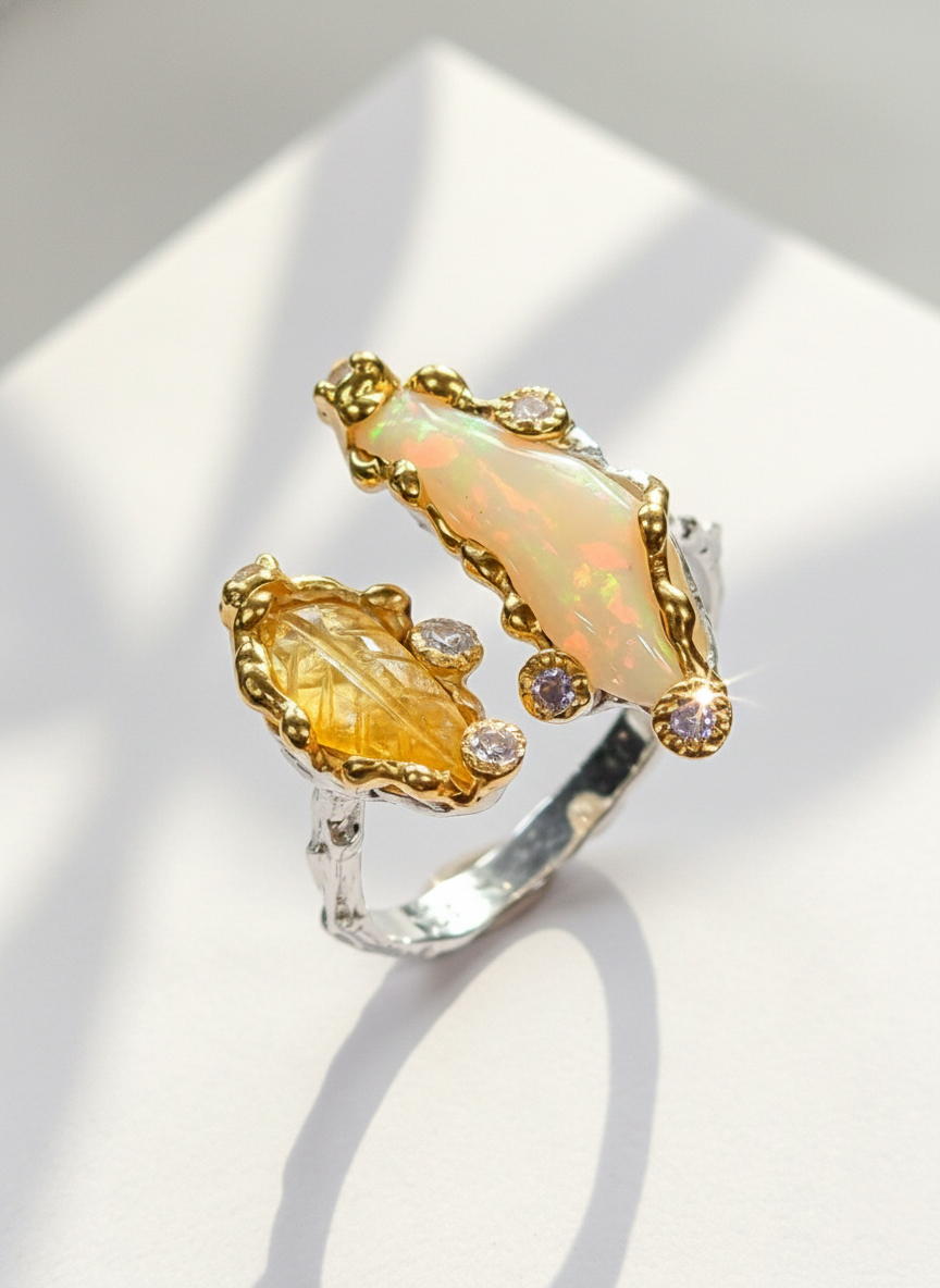 925 Silver Adjustable Raw Opal Ring SIZE 7