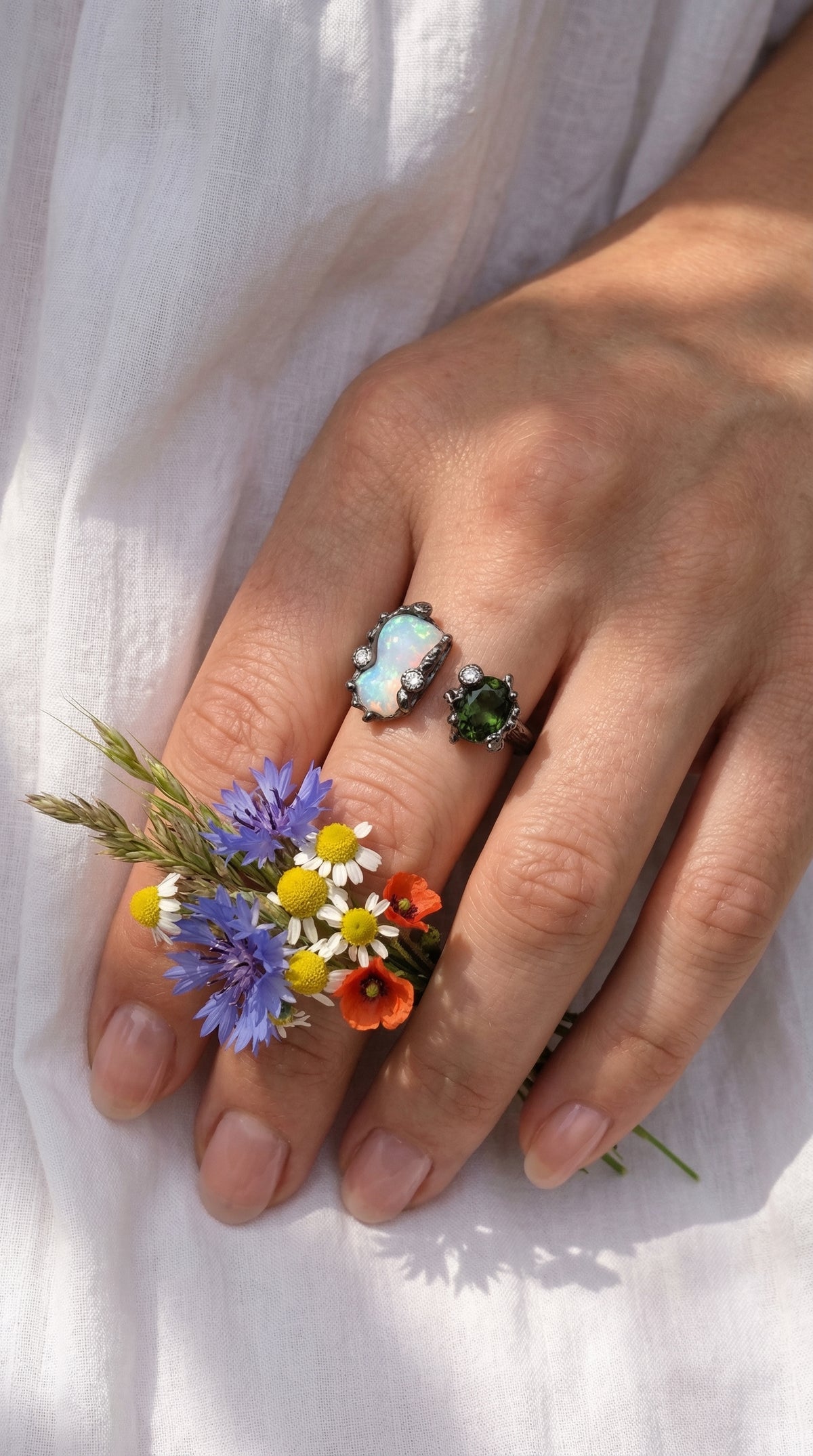 925 Sterling Silver Green Tourmaline Opal Ring, close-up detail