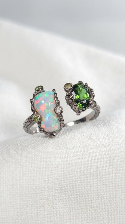 925 Sterling Silver Green Tourmaline Opal Ring, side view