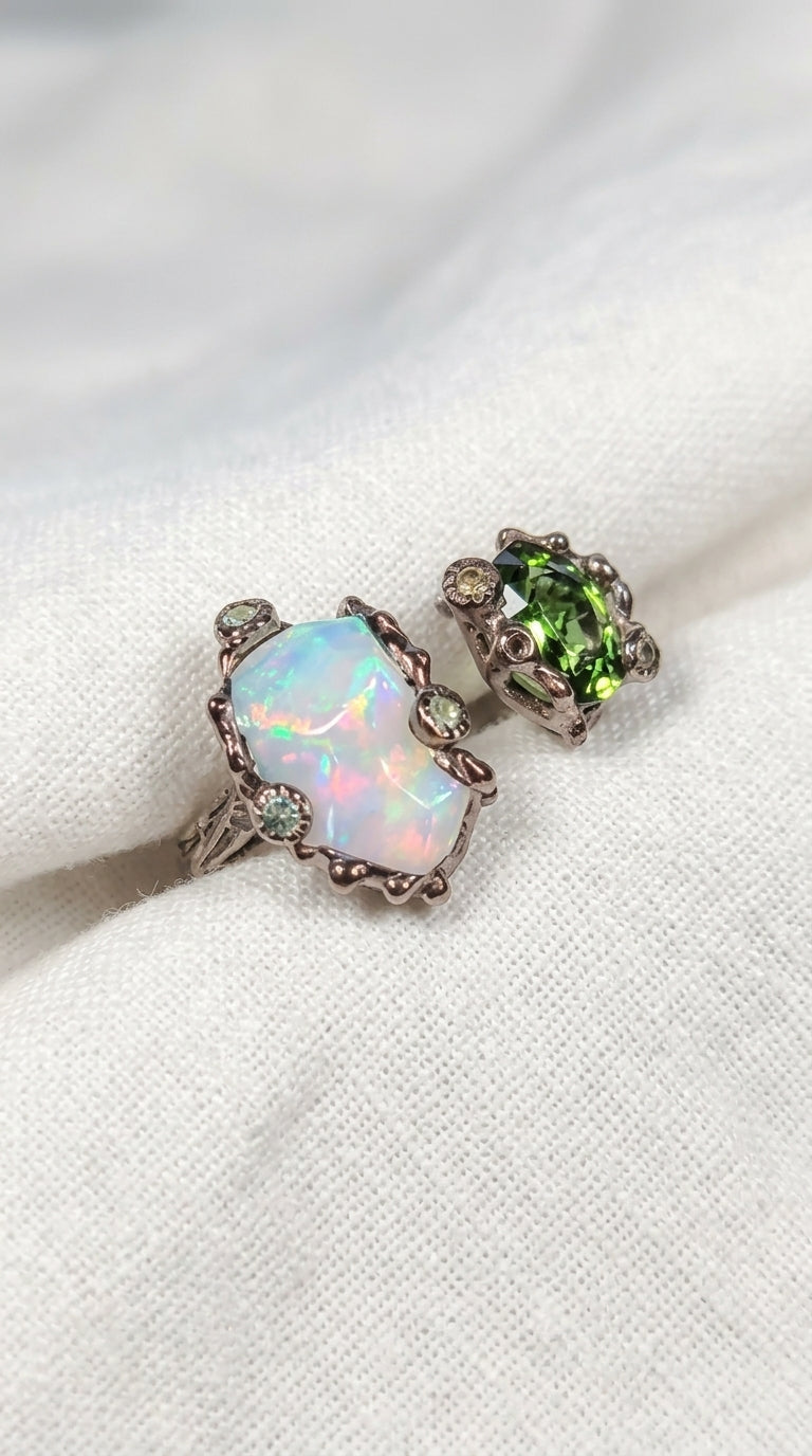 925 Sterling Silver Green Tourmaline Opal Ring, worn on hand