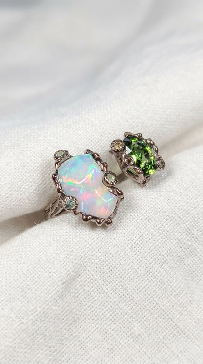 925 Sterling Silver Green Tourmaline Opal Ring, worn on hand