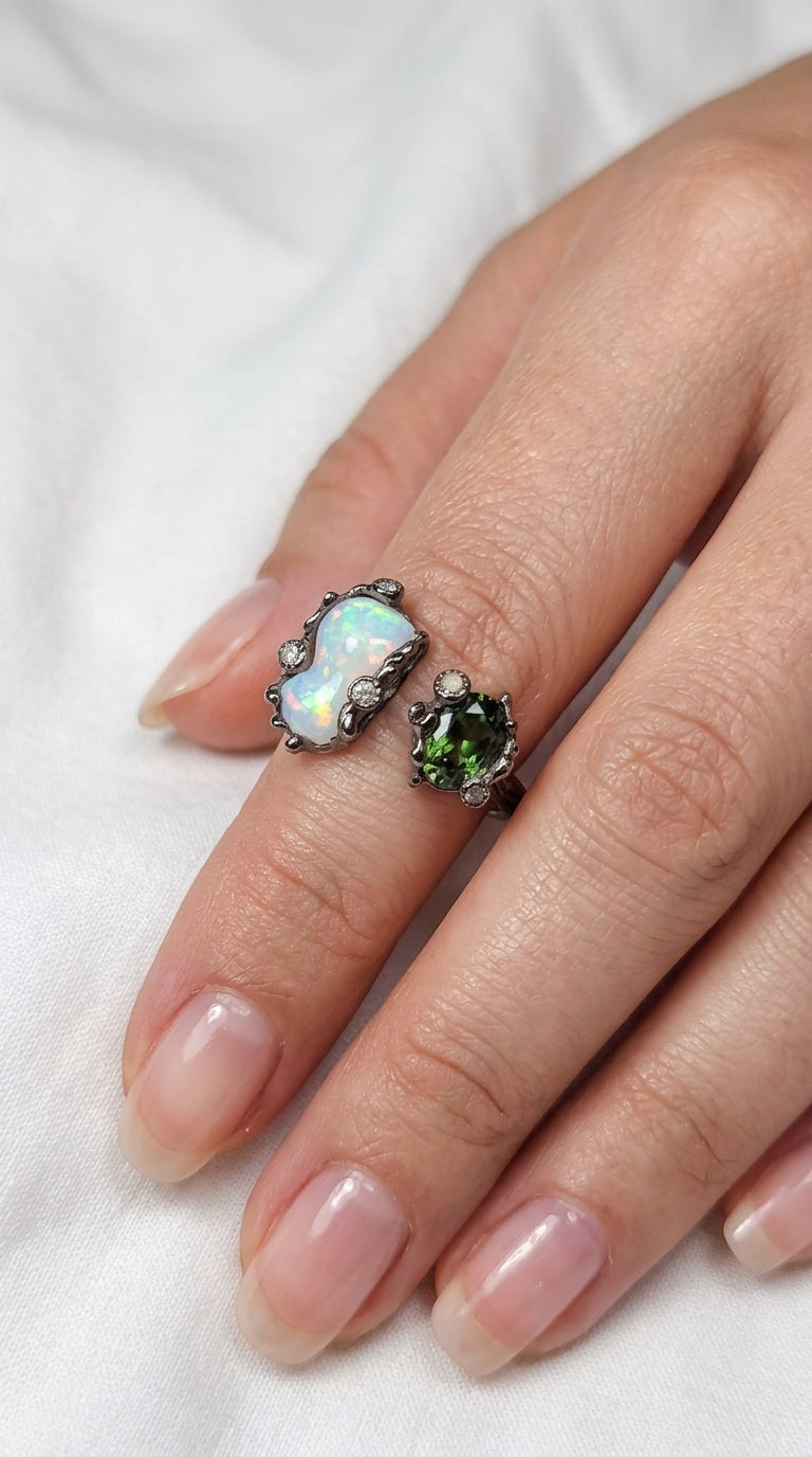 925 Sterling Silver Green Tourmaline Opal Ring, setting detail