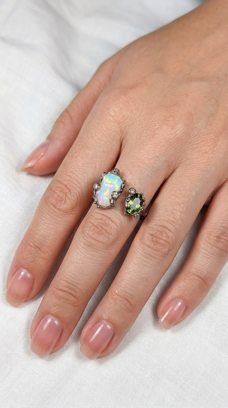 925 Sterling Silver Green Tourmaline Opal Ring, additional angle