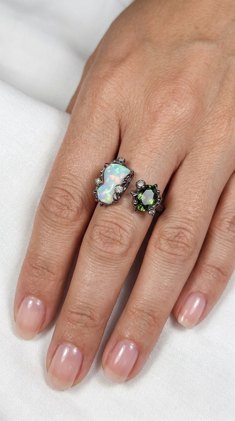 925 Sterling Silver Green Tourmaline Opal Ring, worn look