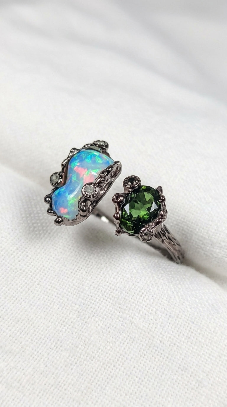 925 Sterling Silver Green Tourmaline Opal Ring, band detail