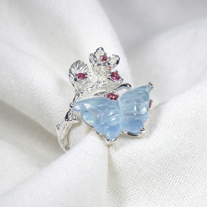 925 Sterling Silver Aquamarine Butterfly Ring, close-up detail