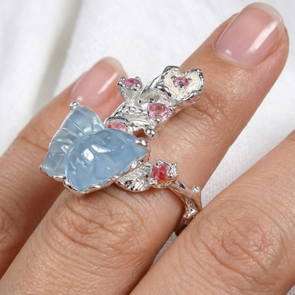 925 Sterling Silver Aquamarine Butterfly Ring, worn on hand