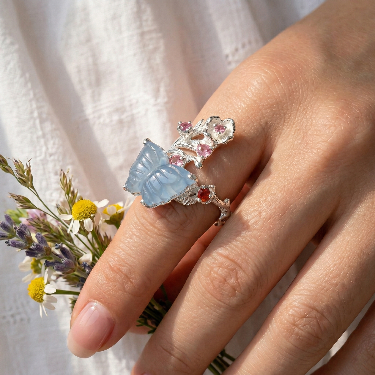 925 Sterling Silver Aquamarine Butterfly Ring, setting detail
