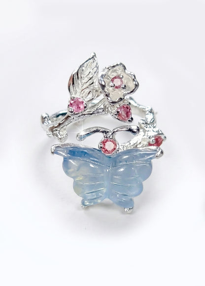 925 Sterling Silver Aquamarine Butterfly Ring, worn look