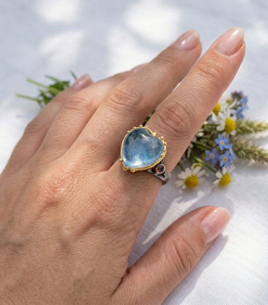 925 Sterling Silver Blue Heart Aquamarine Ring, alternate angle