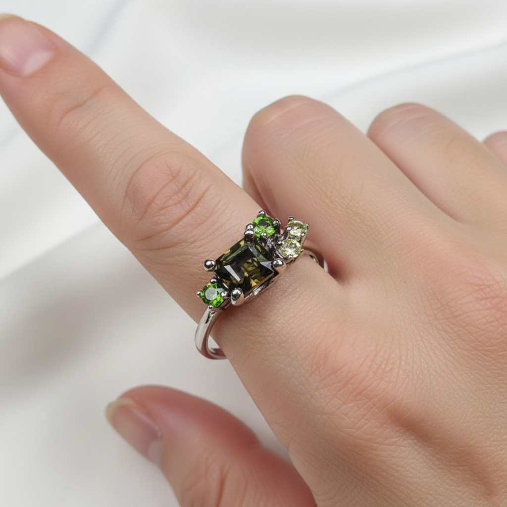 925 Sterling Silver Baguette Tourmaline Ring, side view