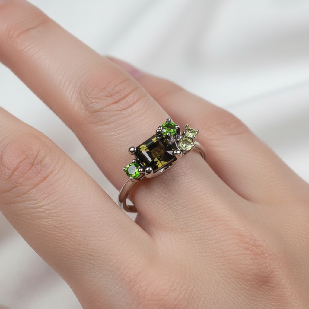 925 Sterling Silver Baguette Tourmaline Ring, worn on hand