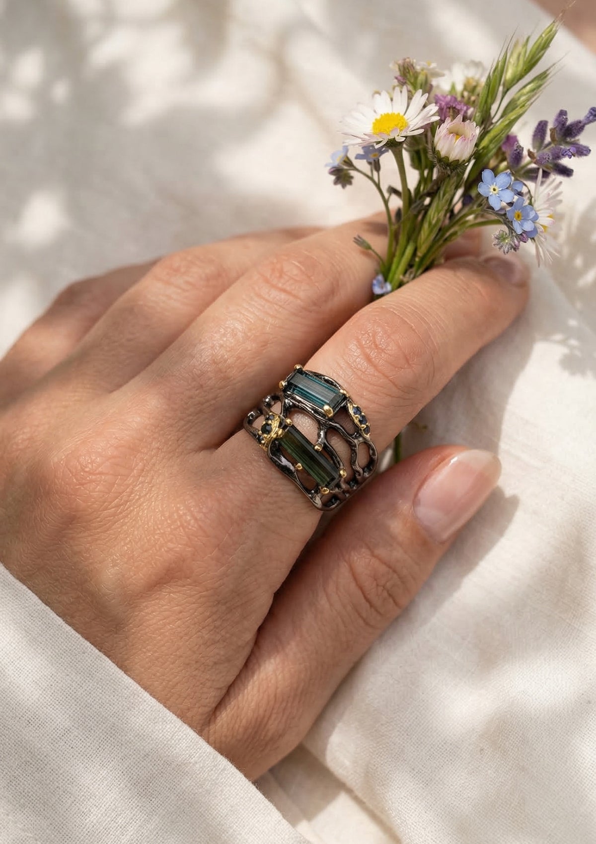 925 Sterling Silver Toi Et Moi Tourmaline Ring, close-up detail