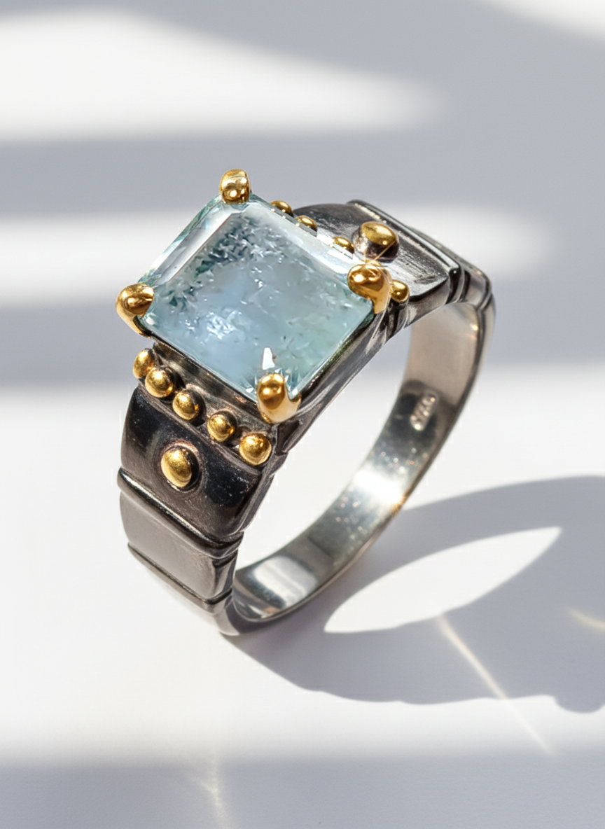 925 Sterling Silver Blue Aquamarine Ring, texture close-up