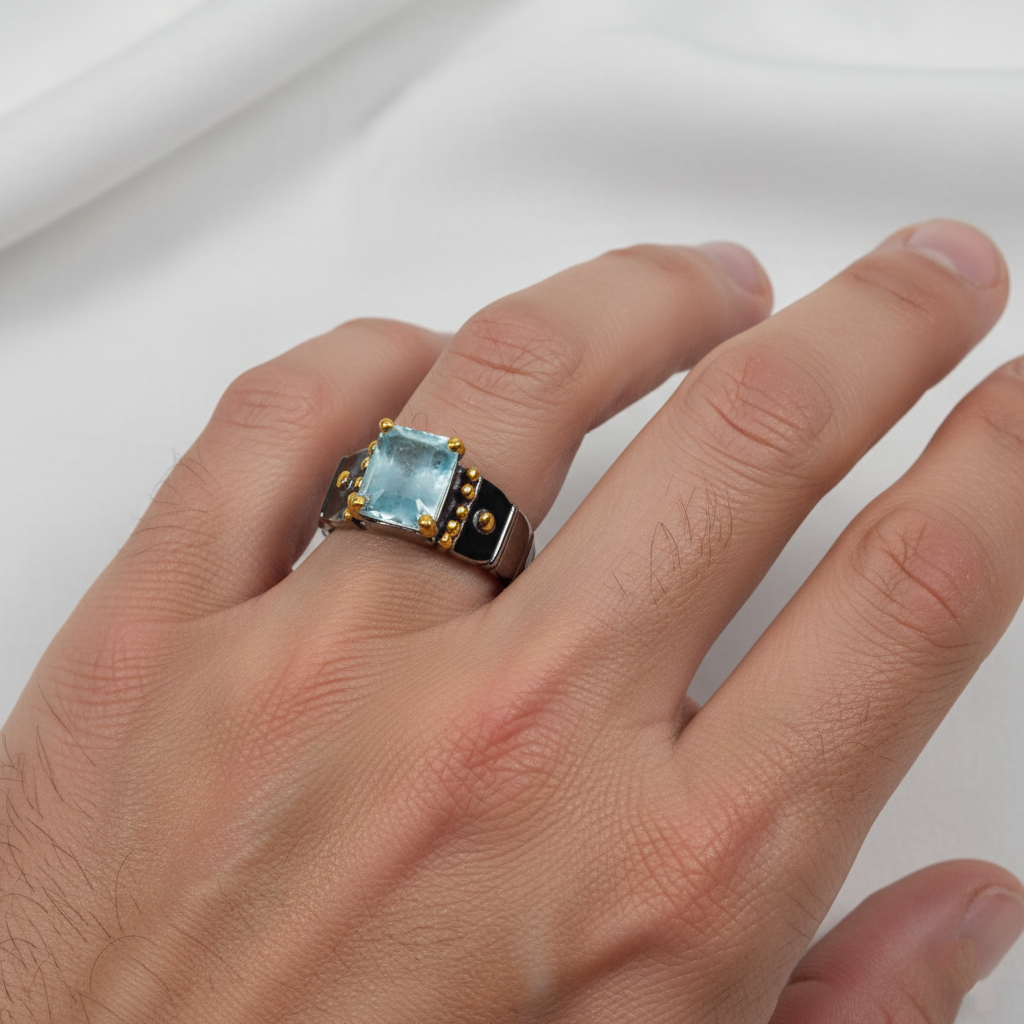 925 Sterling Silver Blue Aquamarine Ring, worn on hand