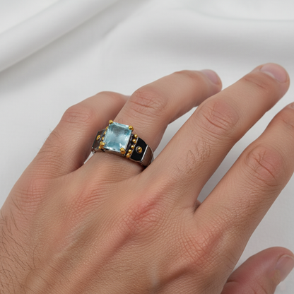 925 Sterling Silver Blue Aquamarine Ring, worn on hand