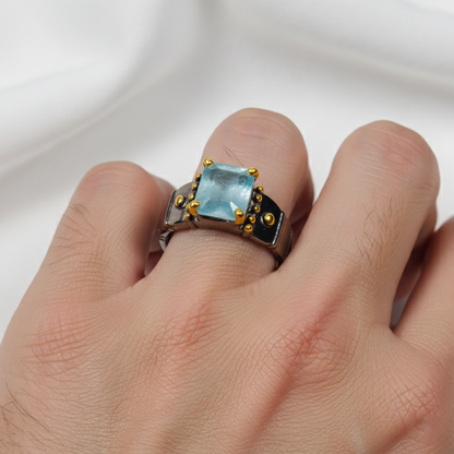 925 Sterling Silver Blue Aquamarine Ring, setting detail
