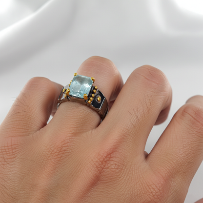 925 Sterling Silver Blue Aquamarine Ring, worn look