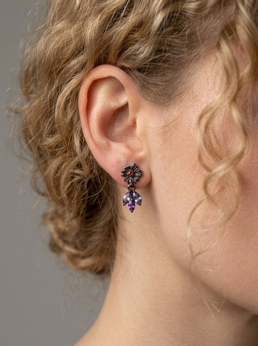 925 Silver Blue Iolite Flower Earrings