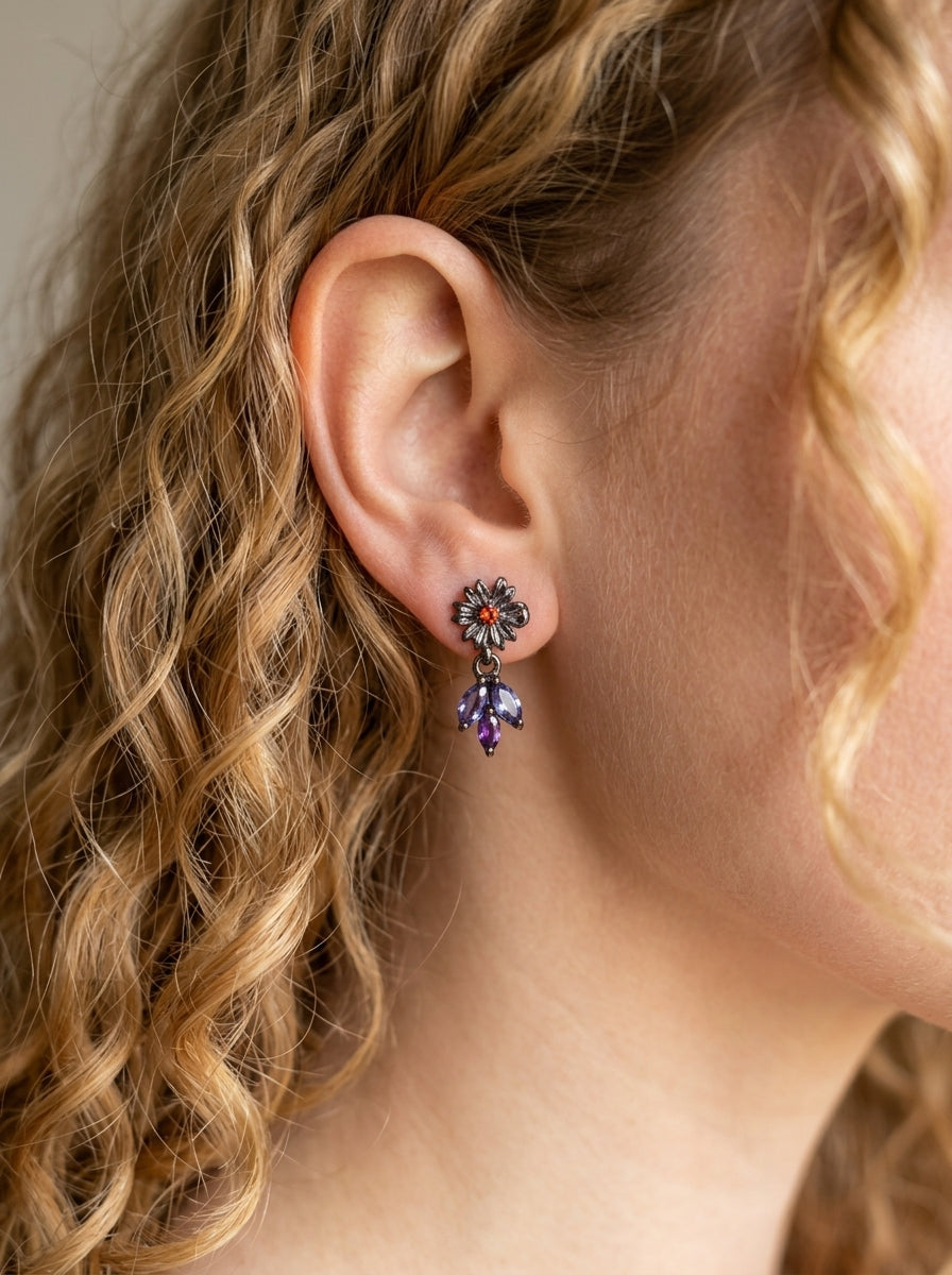925 Silver Blue Iolite Flower Earrings