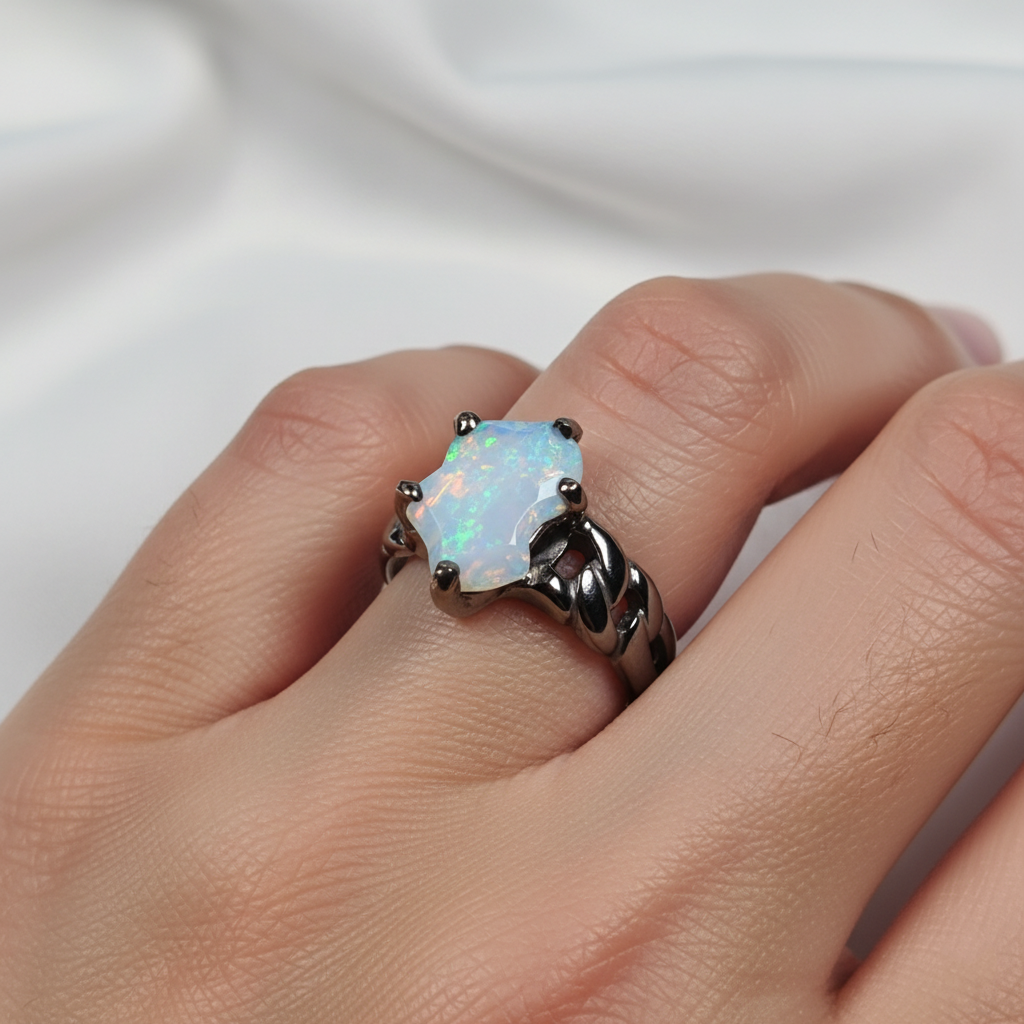 925 Sterling Silver Blue Opal Ring, alternate angle