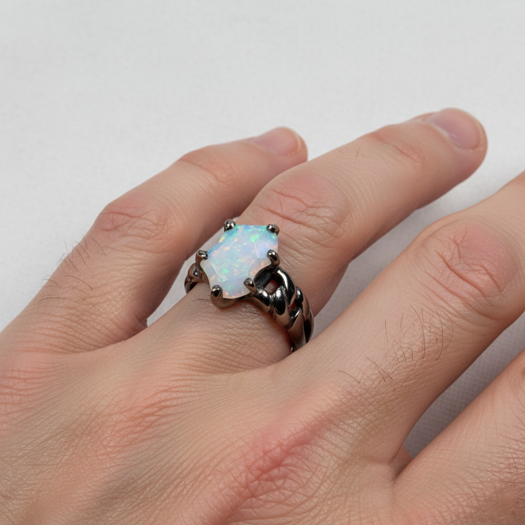 925 Sterling Silver Blue Opal Ring, close-up detail
