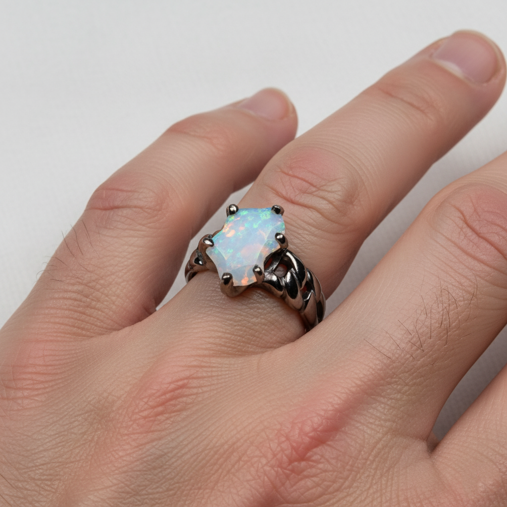 925 Sterling Silver Blue Opal Ring, worn on hand