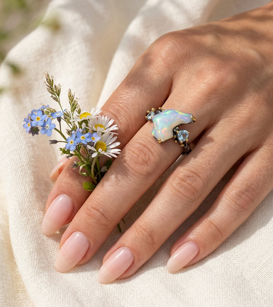 925 Silver Blue Raw Opal Ring, alternate angle