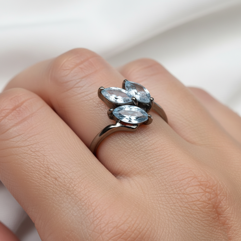 925 Silver Blue Topaz Marquise Ring, worn on hand