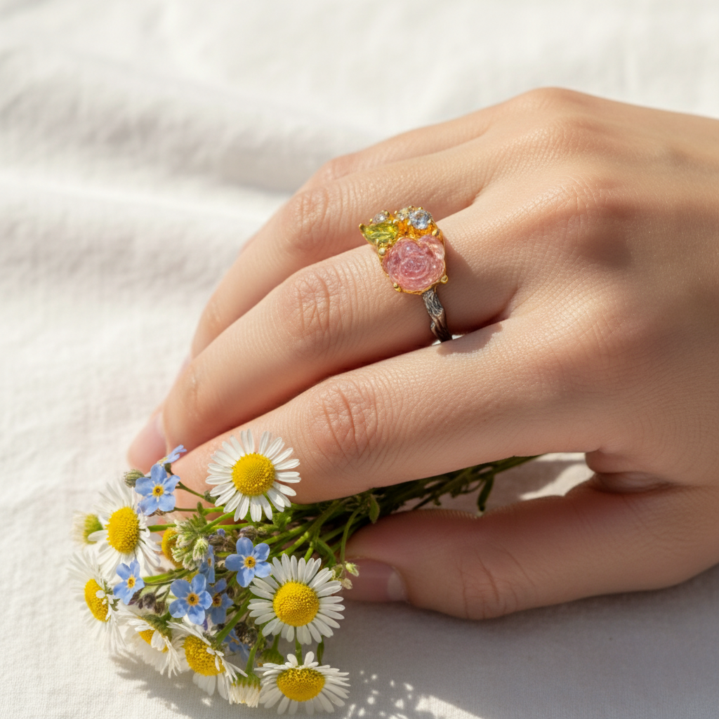 925 Silver Carved Flower Tourmaline Ring, texture close-up