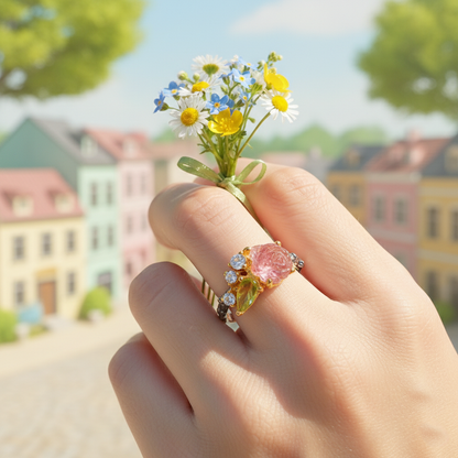 925 Silver Carved Flower Tourmaline Ring, alternate angle