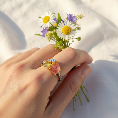 925 Silver Carved Flower Tourmaline Ring, close-up detail