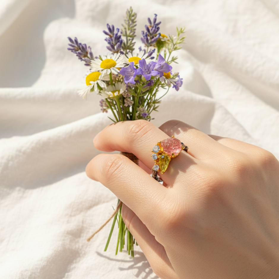 925 Silver Carved Flower Tourmaline Ring, side view