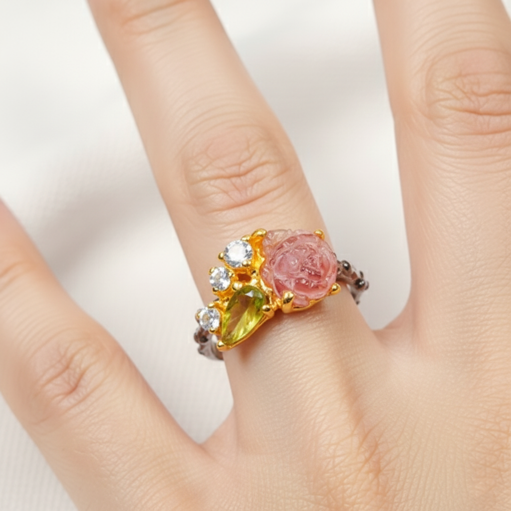 925 Silver Carved Flower Tourmaline Ring, worn on hand