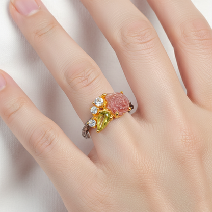 925 Silver Carved Flower Tourmaline Ring, worn look